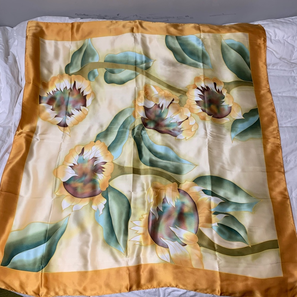 Japanese silk scarf 80 inch square sunflower print